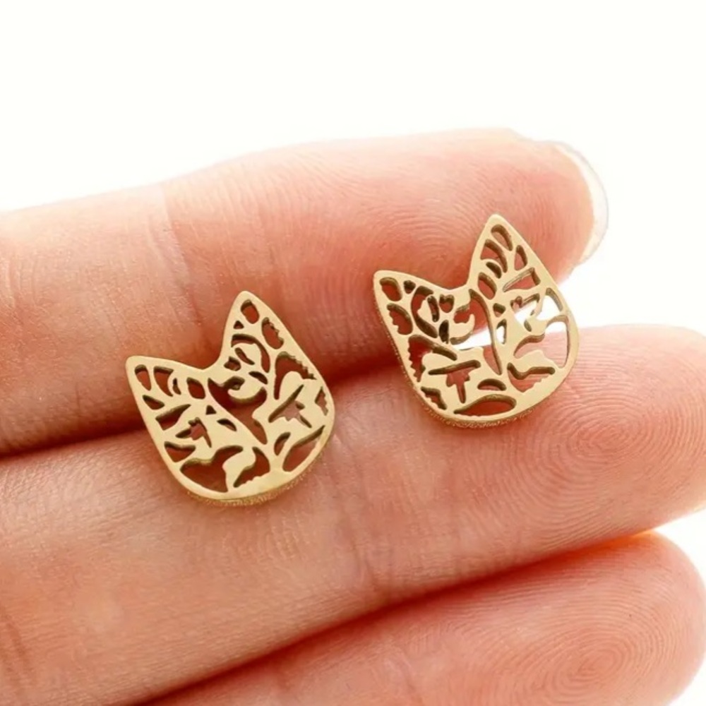 Ornate Cat Gold Toned Stud Earrings